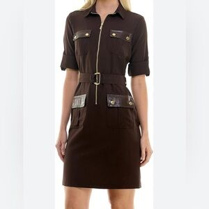 Sharagano women's brown belted cuffed sleeve dress size 4